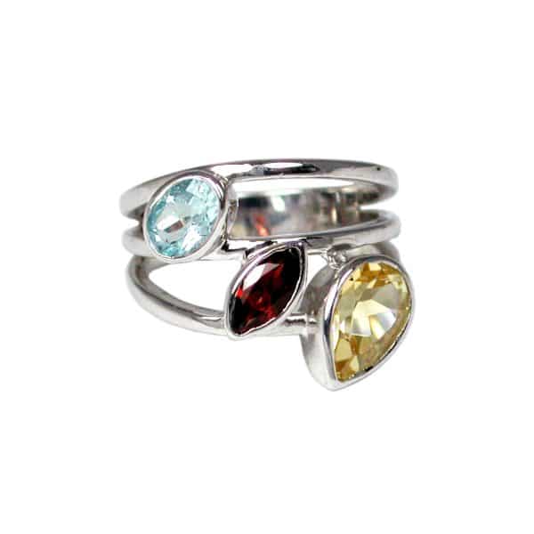Sylvie Delafontaine. Bague Trois Pierres Multicolore & Argent